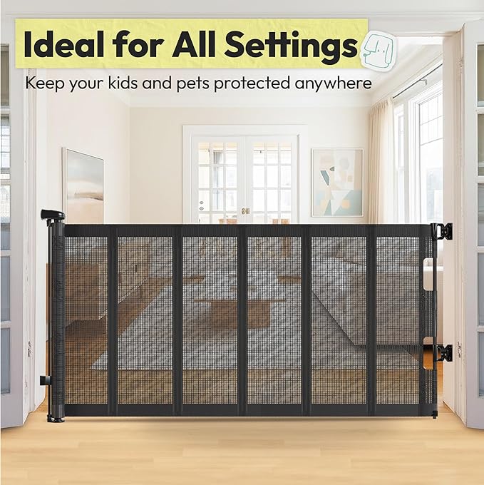 34" H Tall Mesh Dog Gate Extends Up to 120" W Retractable Pet Gate with Drill Installation, Preventing Crawling Through for Stairs, Doorways, Indoor & Outdoor (Black)