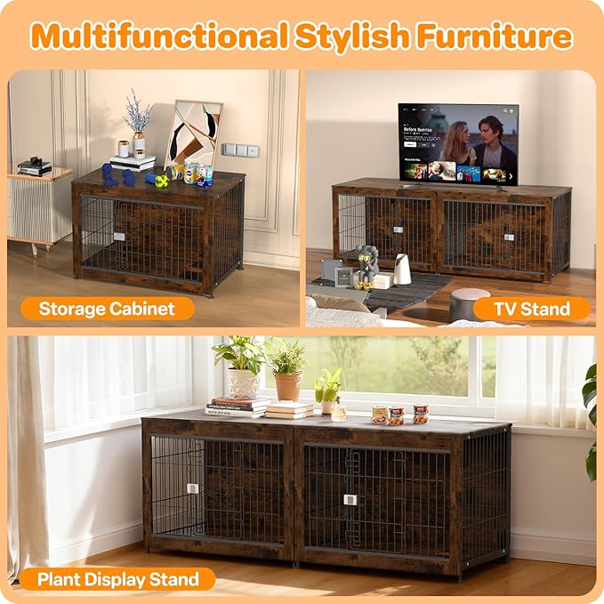 Furniture Style Dog Crate, 38" Wooden Dog Kennel End Table with Solid Top, Indoor Pet Crate House with Secure Slide Lock, Modern Dog Cage Furniture for Small & Medium Dogs, Aged Black