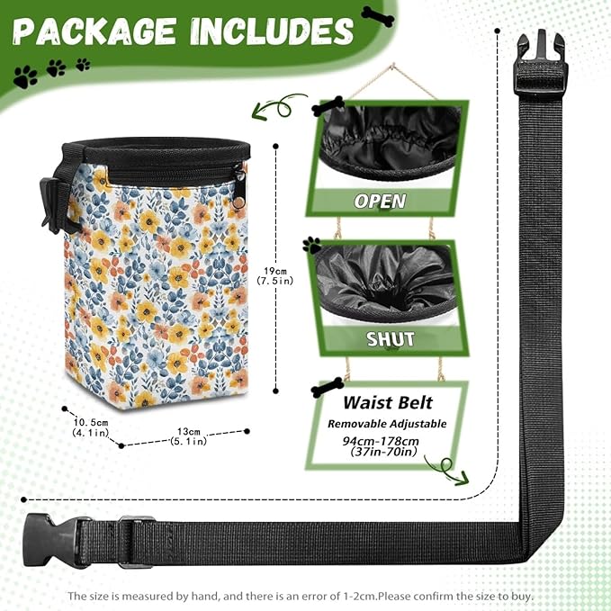 Colorful Floral Puppy Training Pouch 3 Ways to Wear, Hands-Free Design Dog Treat Pouch Pocket Sized Dog Training Treat Pouch Bag Dog Treat Carrier Holder with Waist Belt Shoulder Strap