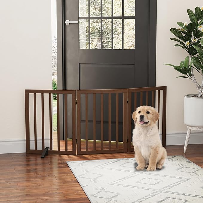 Dog Gate for Doorways, Freestanding Foldable Dog Gate Indoor, Pet Gates for Doorways Bedroom, Puppy Gate with Metal Support Feet, 3 Panels (Rustic tan)