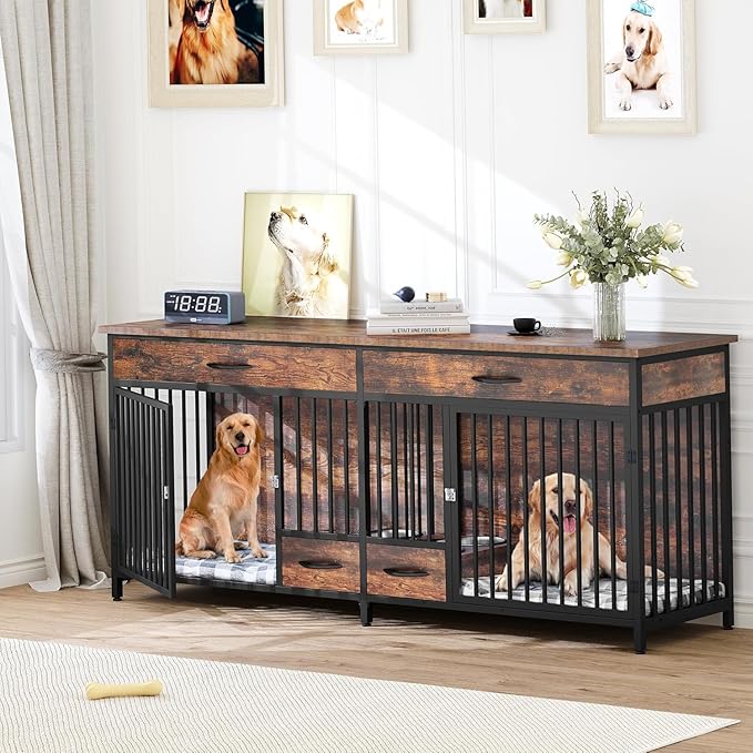 YITAHOME 91.3" Double Dog Crate Furniture with Dog Feeder, Heavy Duty Indoor Dog Kennel TV Stand with Drawers, Sturdy Dog Kennel with Divider for 2 Medium Large Dogs, Brown