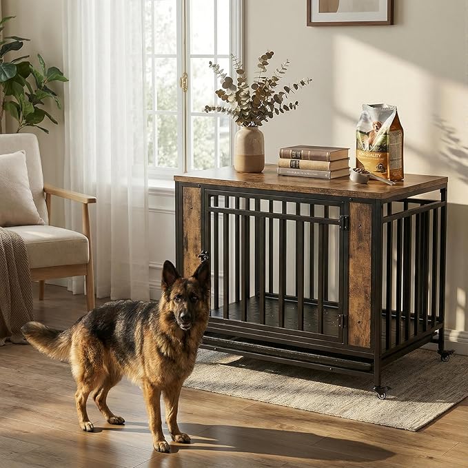 Medium Dog Crate Furniture with Removable Tray & Iron Door, 39" Heavy Duty Indoor Dog House Furniture Side Table with Lockable Wheels, Wooden Pet Kennel Crate for Medium Small Dogs (Black)