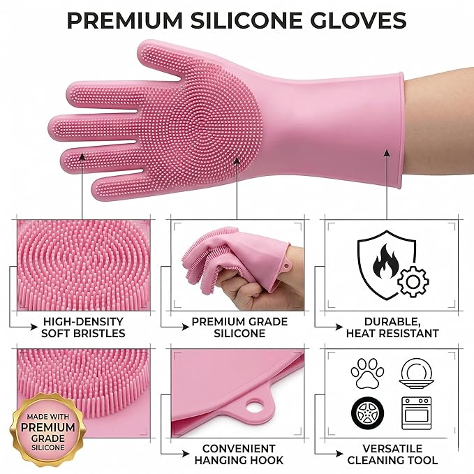 Dog Bath Gloves for Washing, Pet Grooming Gloves with Shampoo Brush, Dog Bath Brush for Dogs and Cats, Essential Dog Bath Supplies (1 Pair, Pink)