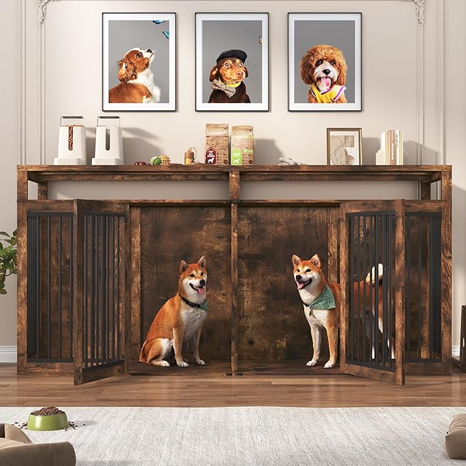87In Extra Large Dog Crate Furniture for 2 Dogs, Farmhouse Dog Kennel Furniture, Dog Crate TV Stand with Solid Metal Tube & 4 Lockable Doors, Heavy-Duty Double Cage Dog, Rustic Brown