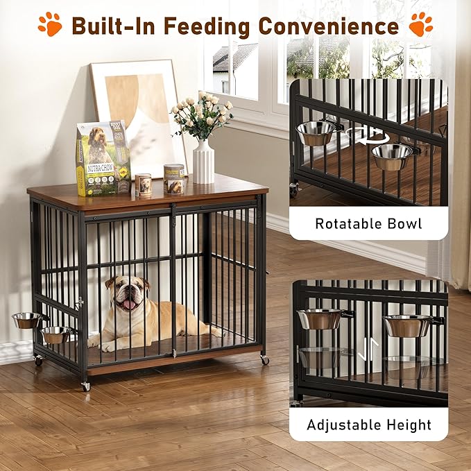 Dog Crate Furniture, 42’’ Wooden Dog Kennel Indoor with Sliding Front Door, Multi-Side Openings & Feeding Window Pet Cage House as TV Stand