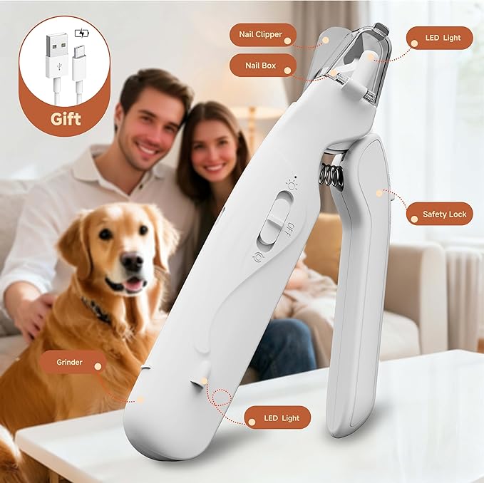 2-in-1 Dog Nail Clippers with Lights 2 LED & Dog Nail Grinder Quiet, Dog Nail Trimmers, USB Rechargeable and Splash Guard, Pet Nail Grinder for Small, Medium, and Large Dogs & Cats