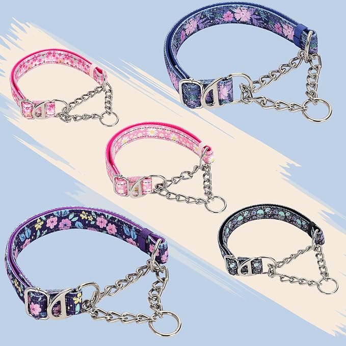 Reflective Martingale Dog Collar with Chain - Comfortable & Safe Choke Dog Collar for Medium Large Extra Large and XXL Dogs Trainer Recommended Collar (Purple Flowers L)