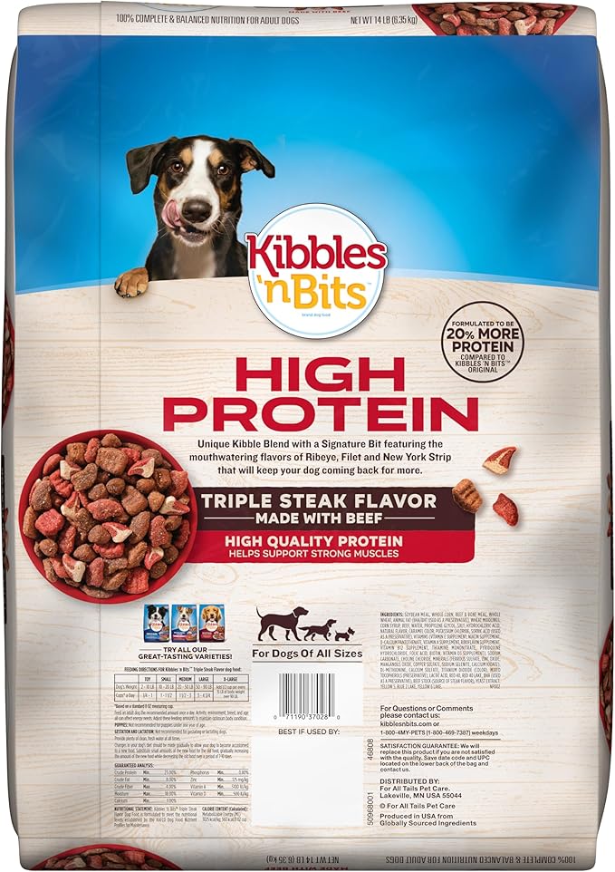 Kibbles 'n Bits Triple Steak Flavor Dry High Protein Dog Food, 14 lb. Bag