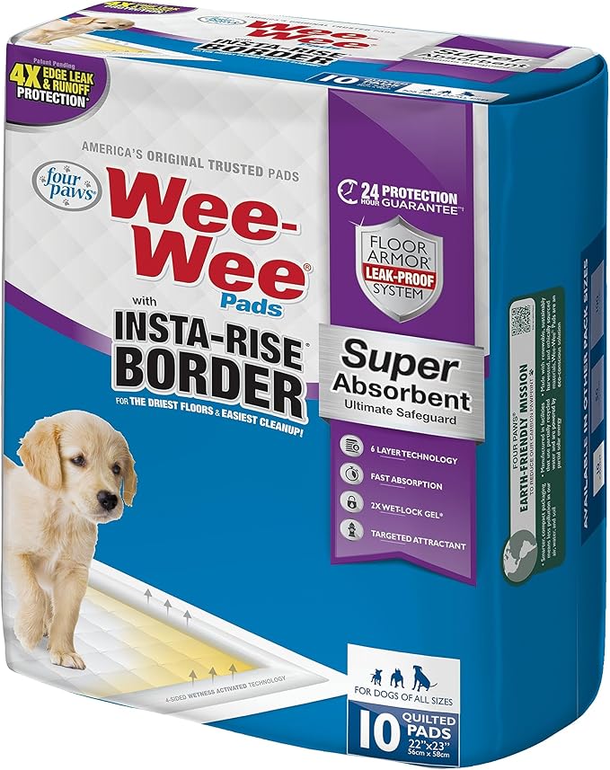 Four Paws Wee-Wee Super Absorbent Unscented Pee Pads for Dogs & Puppies with Insta-Rise Border, Leak-Proof Dog Housebreaking Potty Training Floor Protection, 22" x 23", 10 Count (Pack of 3)