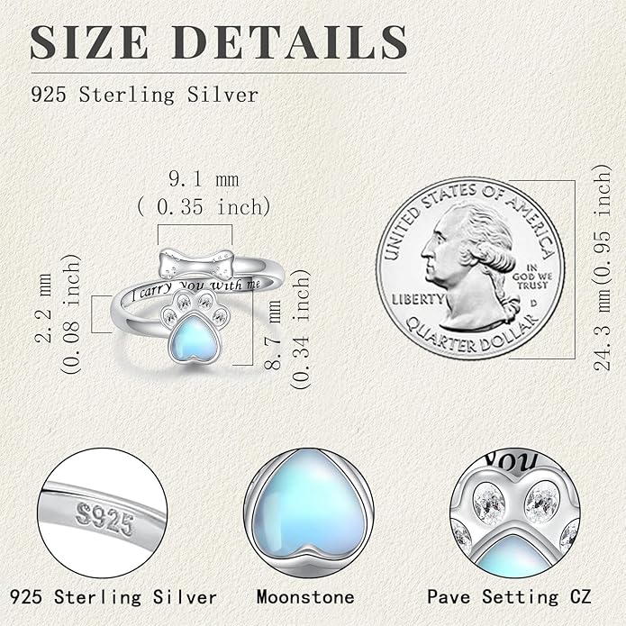 Sterling Silver Urn Ring for Dog Ashes: 925 Paw Print Memorial Dog Urn Rings Cremation Jewelry Keepsake Remembrance Gifts for Women Pet Lovers