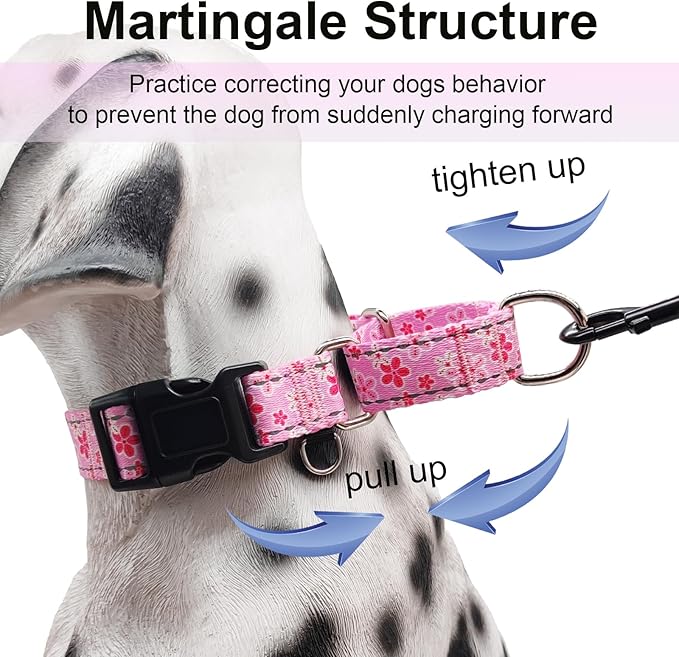 Reflective Martingale Collar for Dogs with Quick Release Buckle Cute Girl Female Flower Dog Collars (Pink Floral, XSmall)