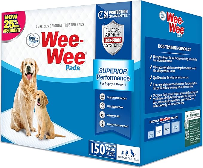 Four Paws Wee-Wee Superior Performance Unscented Pee Pads for Dogs & Puppies, Quilted Leak-Proof Dog Housebreaking Potty Training Floor Protection, 22" x 23", 200 Count