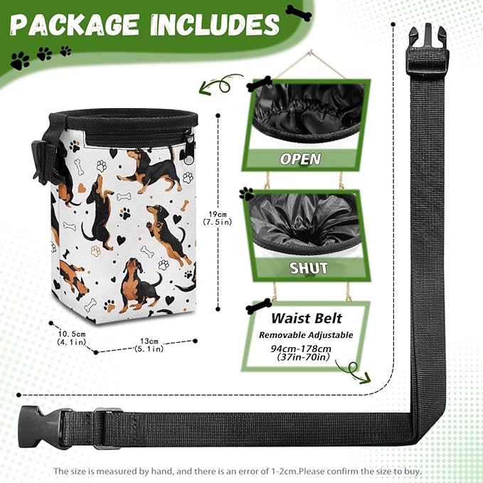 Cute Dachshund Puppy Training Pouch Treat Pouches for Pet Training, Dog Walking Bag Pet Feed Snack Reward Pouch Multiwear Treat Tote with Waist Belt Shoulder Strap