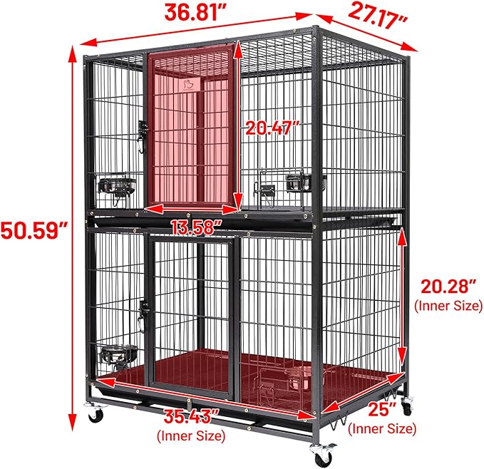 Homey Pet Two Tiers 37 Inch Dog Crate Cage Kennel with Feeding Door and Bowls, Lockable Wheels and Removable Tray, Escape Proof Metal Wire Heavy Duty Dog Crates for Medium/Small Sized Dogs (3 Pack)
