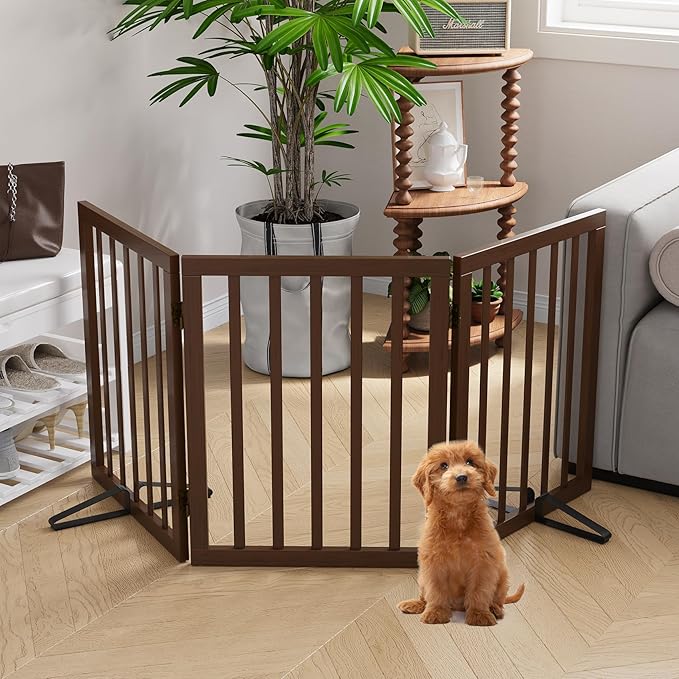 Freestanding Dog Gates Indoor, 3-Panel Pet Gates with 2 Metal Stands and 360° Hinge, 24" H Foldable Dog Gate for Stairs, Doorway, Kitchen, Expands Up to 55" Fully Assembled - Black Walnut