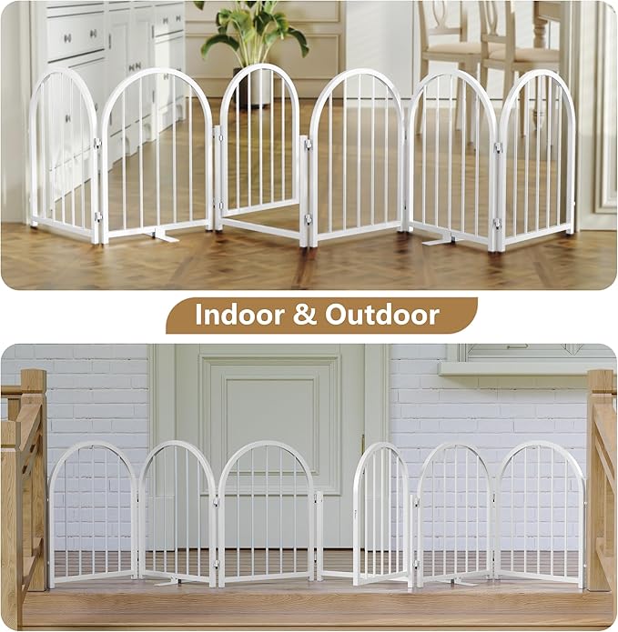 Full Metal Dog Gate with Door for Indoor Outdoor, 24" Tall Free Standing Pet Dog Fence, 108" Extra Wide Pet Gates for Stairs, Hallways, Doorways, Kitchen, Decks, Yards (White, 6 Panels)