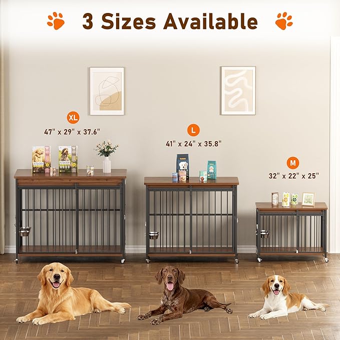Dog Crate Furniture, 48’’ Wooden Dog Kennel Indoor with Sliding Front Door, Multi-Side Openings & Feeding Window Pet Cage House as TV Stand(Brown)