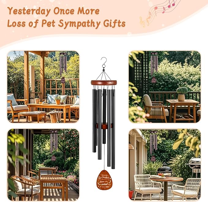 Pet Memorial Wind Chimes - Bereavement Gift for Loss of Dog/Cat with Metal Rose Card, 26" Weatherproof Outdoor Keepsake for Garden