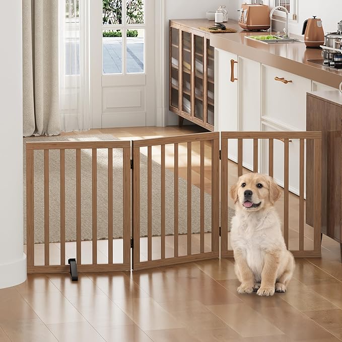 Dog Gates for Doorways, Freestanding Dog Gate Indoor, Foldable Pet Gates for Doorways Bedroom, Puppy Gate with Metal Support Feet, Room Divider 3 Panels (Dark Walnut)