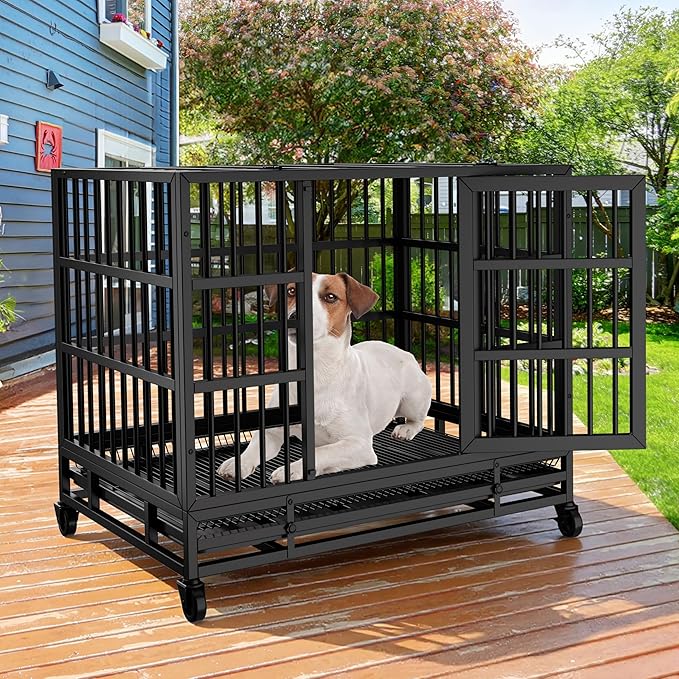 JY QAQA 48/38 Inch Heavy Duty Indestructible Dog Crate Double Doors Escape Proof Cage Kennel,Enhanced Metal Pet Cage,Extra Large XL XXL Crate Indoor for Large Dog with Removable Tray,Lockable Wheels
