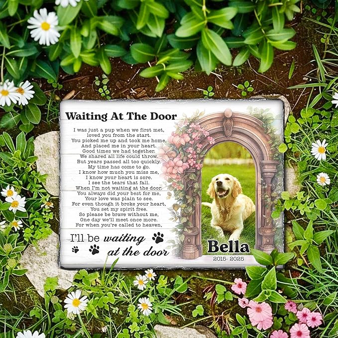 Personalized Dog Memorial Stone – Waiting at The Door Poem | Custom Photo Plaque for Dog or Cat Loss | Pet Remembrance Stone for Grave or Garden | Memorial Gifts for Pet Lovers