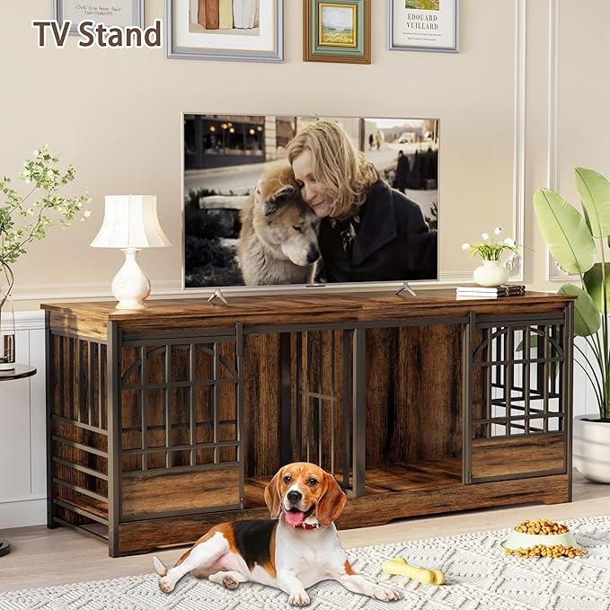 78 Inch Double Dog Crate Furniture, Extra Large Dog Kennel Indoor with Divider, Heavy Duty Dog Cage for 2 Dogs, Decorative Wooden Dog House Decorative Table TV Stand, Pet House for XLarge Dogs,Brown
