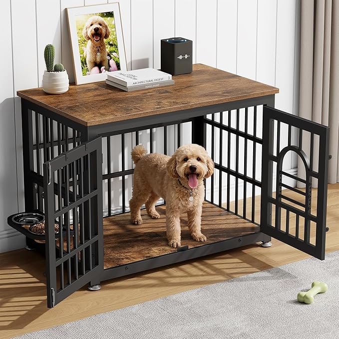 Lulive Dog Crate Furniture 37.8" Wooden Dog Kennel Table with Bowls Heavy Duty Dog Crates for Small/Medium/Large Dogs, Dog Kennel Furniture Indoor as TV Stand End Table,Brown