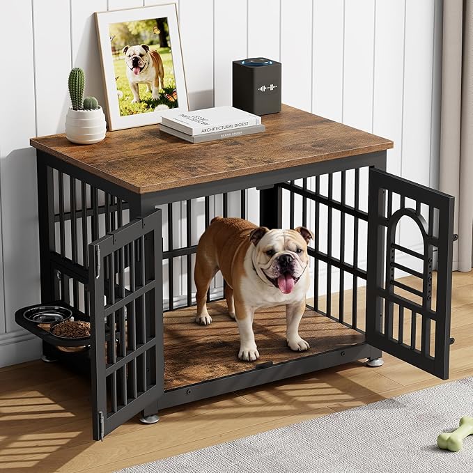 Lulive Dog Crate Furniture 31.5" Wooden Dog Kennel Table with Bowls Heavy Duty Dog Crates for Small/Medium/Large Dogs, Dog Kennel Furniture Indoor as TV Stand End Table,Brown
