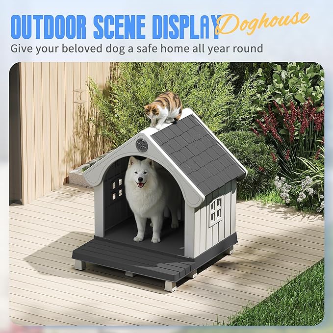 DRATO Large Dog House Outdoor Indoor, Sturdy Plastic Waterproof Doghouse with Air Vents and Elevated Floor, Easy Clean & Assemble for Medium Large Dogs (Black, 33" L×31.5" W×38" H)