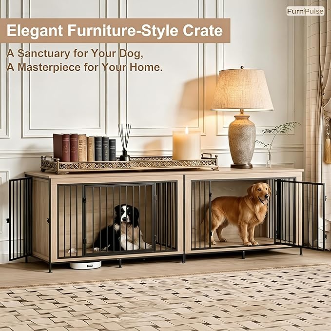 48" XL Dog Crate Furniture for Large Dogs, Farmhouse Light Oak Wood Dog Kennel, Heavy Duty Anti-Chew Steel Frame, Escape Proof Pet Crate, 3 Door Indoor Dog House, TV Stand Entertainment Center 350LB