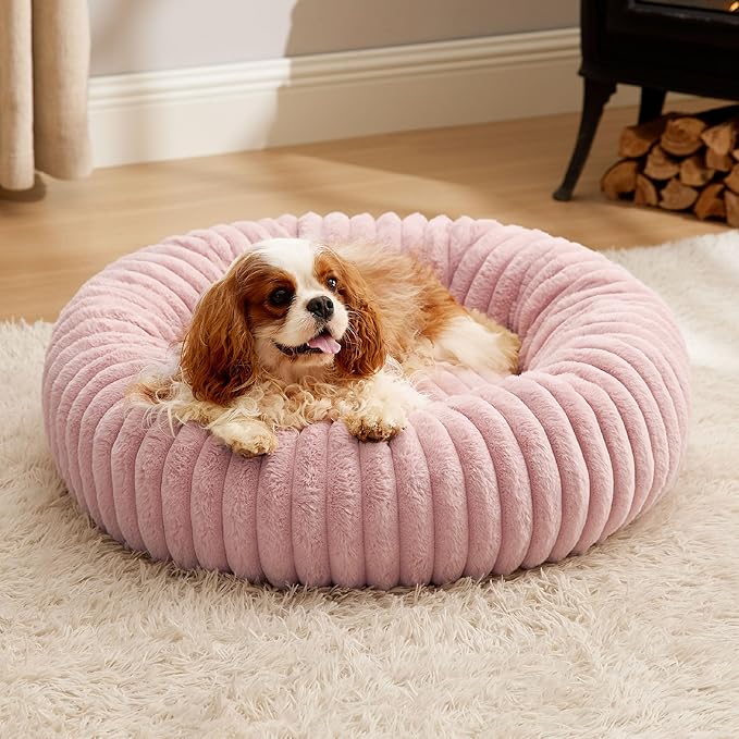 Bedsure ComfyFleece™ Donut Medium Dog Bed - Washable Faux Fur with Corduroy Fleece & Anti Slip Bottom, Round Pet Bed with Removable Cover, Blush Pink, 30x30x8 inches