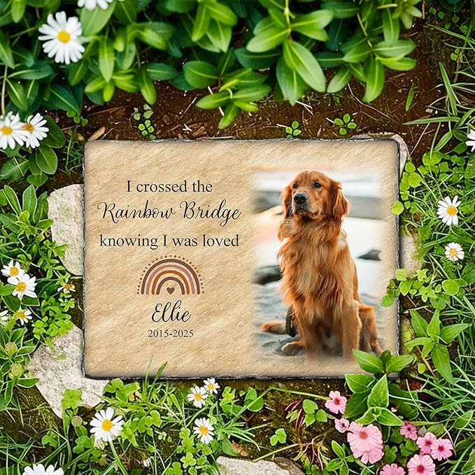 Personalized Dog Memorial Stone | Rainbow Bridge Pet Remembrance Gift for Loss of Beloved Companion | Custom Photo Grave Marker for Dogs | Outdoor- Indoor Animal Tribute Keepsake