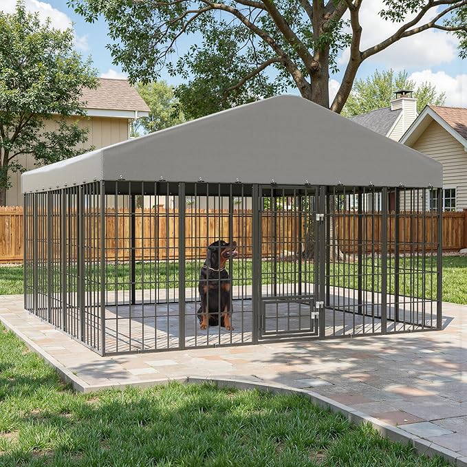Kullavik 10x10x6 FT Large Outdoor Dog Kennel,Anti-Rust Galvanized Steel Dog Pen with Feeding Door & Double Locks,Heavy Duty Dog Enclosure Fence with UV-Resistant Waterproof Cover for Outside