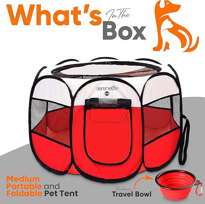 SereneLife On-The-Go Foldable Portable Pet Tent 8-Panel Playpen for Dog & Cat w/Food/Water Bowl, Mesh Exercise Puppy Playground, Pet House Indoor & Outdoor, Travel & Camping Pet Kennel (Red- Medium)