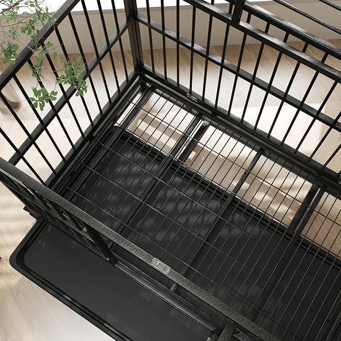 PawHut 48" Heavy Duty Dog Crate Metal Cage Kennel with Lockable Wheels, Double Door and Removable Tray, Gray