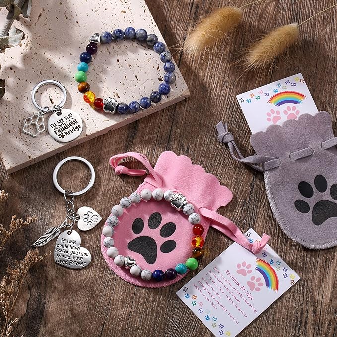 Jadive 9 Pcs Pet Memorial Gifts Sympathy Rainbow Memorial Bracelet Keychain with Poem Cat Card Dog Loss Remembrance Gifts for Men Women Who Loss of Beloved(Classic Style)