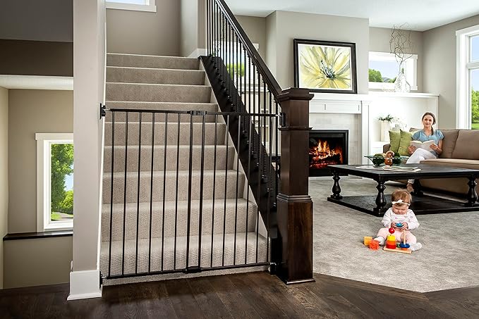 Regalo 2-in-1 Extra Tall Easy Swing Stairway and Hallway Walk Through Baby Gate, Black 1 Count & Deluxe Home Accents Widespan Safety Gate, 74.5" W x 28" H, Includes 4 Wall Mounts, Black