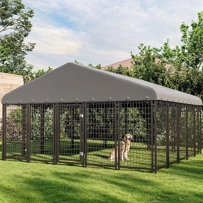 119"x119" Dog Kennel Outside, Large Outdoor Dog Kennel with Feeding Door and Double Lock, Heavy-Duty Weatherproof Dog Cage and Dog Fence with Roof, Outdoor House Playpen for Large Dogs, Easy Assembly