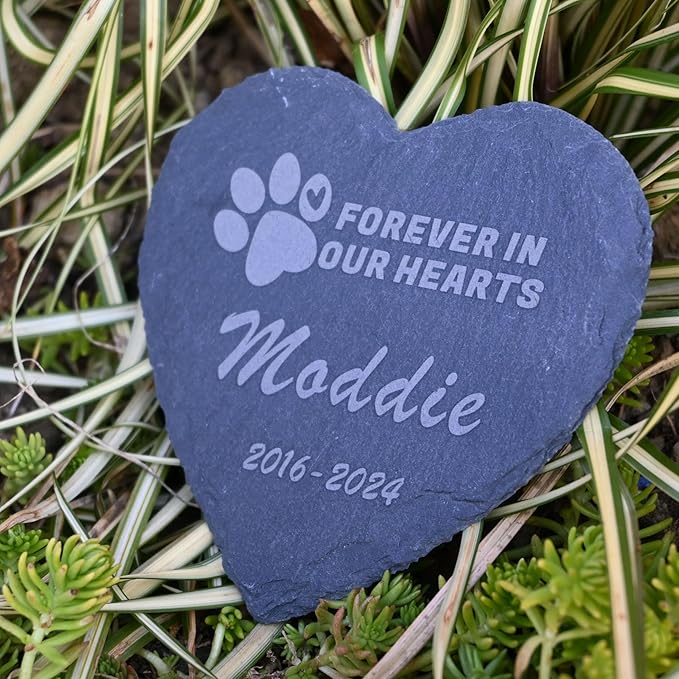 Pet Memorial Stone, 4inch Dog or Cat Garden Stone Heart Paw Print, Forever in Our Hearts Headstone Memory Gifts for Pet Loss