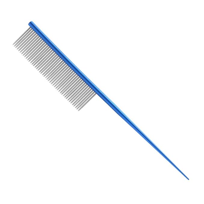 Professional Pet Grooming Comb, 7.2-Inch Stainless Steel Detangling Tool with Ergonomic Handle for Dogs and Cats, Long and Short Coats (Blue, Medium)