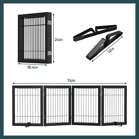 Semiocthome Freestanding Dog Gate Indoor,Dog Gates for Doorways and Stairs,24" H- 4 Panels Puppy Gate with 2 Metals Stands Adjustable Safety Fence Wire Pet Gates - Black