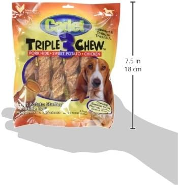 Cadet Gourmet Triple Chews Long-Lasting Pork Hide Sticks with Sweet Potato and Chicken, Healthy Dog Treats for Small & Large Dogs, 6 Count