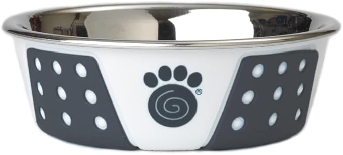 PetRageous 15000 Fiji Stainless Steel Non-Slip Dishwasher-Safe Dog Bowl 1.75-Cup Capacity 5.5-inch Diameter 1.75-inch Tall for Small and Medium Size Dogs and Cats, White and Slate Blue