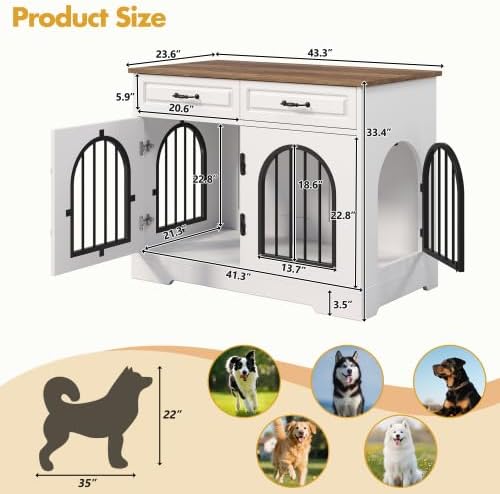 43.3" Dog Crate Furniture End Table with 2 Storage Drawers, Heavy Duty Indoor Dog Kennel for Medium Large Dogs, Side Entry Doors, Anti-Chew Escape Proof Pet Cage, White and Brown