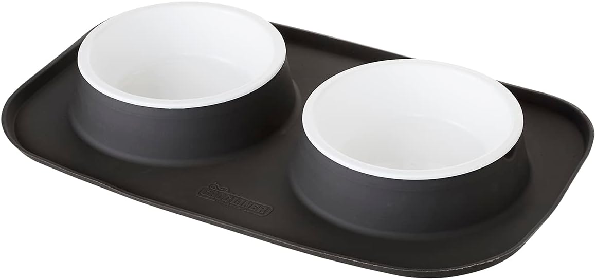 Croc Liner Pet Feeding System, Dog and Cat Bowls, Removable Dishwasher Safe Food and Water Dishes, Non-Slip, Non-Spill Silicone Pad, Raised Edges to Avoid Mess & Spills (Dark Gray)