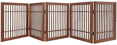 Urnporium Freestanding Wooden Dog Gate Foldable Indoor Pet Gate No Drill Expandable Barrier for Doorways Stairs Hallways Portable Wood Fence for Small Dogs & Puppies (Brown Pet Gate, 5 Panel 24" Tall)