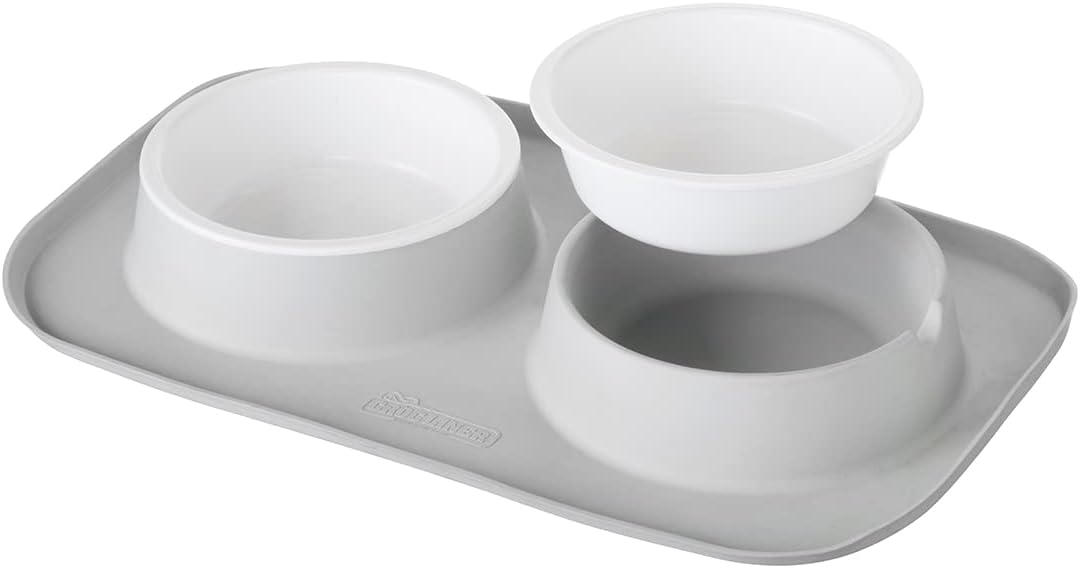 Croc Liner Pet Feeding System, Dog and Cat Bowls, Removable Dishwasher Safe Food and Water Dishes, Non-Slip, Non-Spill Silicone Pad, Raised Edges to Avoid Mess & Spills (Light Gray)