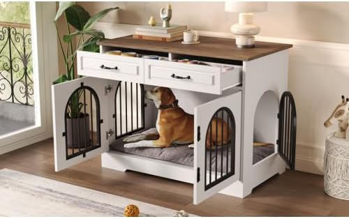 43.3" Dog Crate Furniture End Table with 2 Storage Drawers, Heavy Duty Indoor Dog Kennel for Medium Large Dogs, Side Entry Doors, Anti-Chew Escape Proof Pet Cage, White and Brown