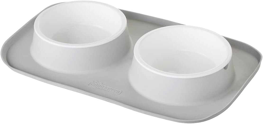 Croc Liner Pet Feeding System, Dog and Cat Bowls, Removable Dishwasher Safe Food and Water Dishes, Non-Slip, Non-Spill Silicone Pad, Raised Edges to Avoid Mess & Spills (Light Gray)
