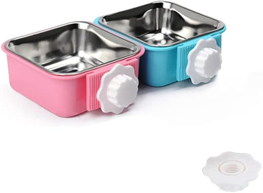 Crate Dog Bowl,Removable Stainless Steel Water Food Feeder Bowls Crate Coop Cup,Pet Cage Bowls with Bolt Holder for Cat, Puppy, Birds, Rats, Rabbits Small Animals ((Blue+Pink) Square, Samll)